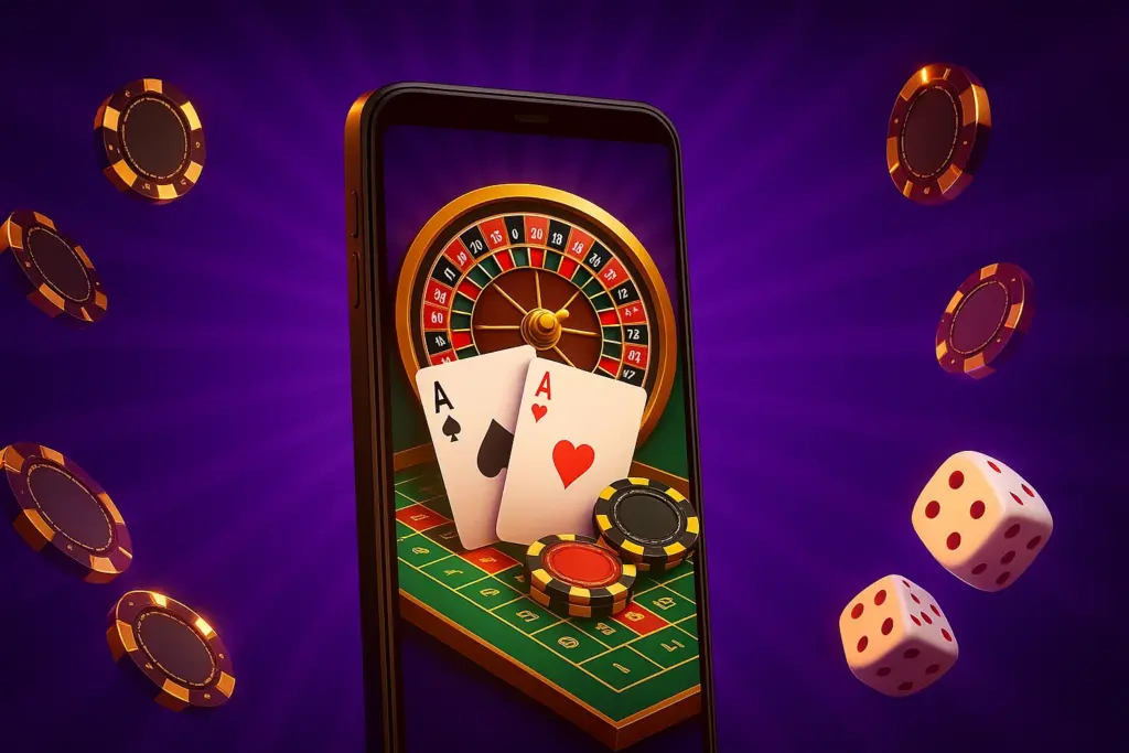 A smartphone displays a casino roulette table with two aces (spades and hearts) placed on the felt. Surrounding the phone in mid-air are golden poker chips and glowing red dice, set against a dynamic purple backdrop.