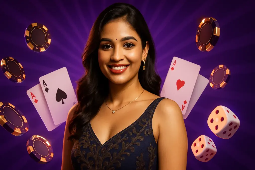 A smiling young woman with long dark hair stands confidently against a vibrant purple background. She wears a black embroidered dress and a delicate necklace. Floating around her are casino elements: poker chips, playing cards showing aces of spades and hearts, and glowing red dice.